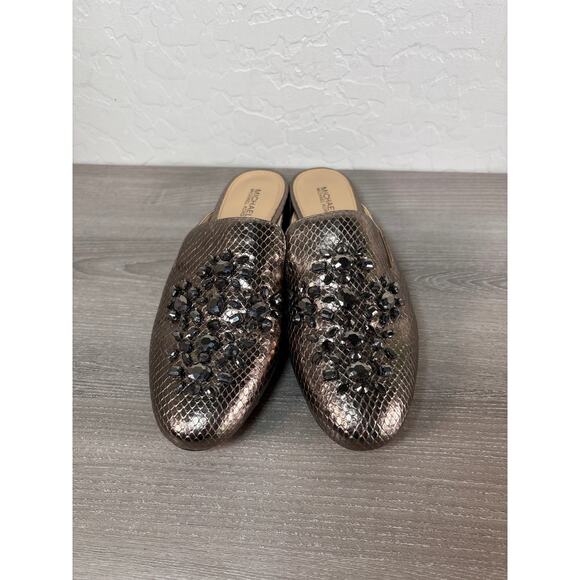Michael Kors Edie Slide Mules Snakeskin Metallic Nickel Jeweled Leather Shoes 8 - Picture 4 of 8